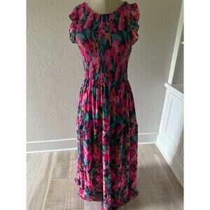 MELLODAY | Womens Colorful Midi Ruffled Tiered Smocked Bodice Dress Small Boho